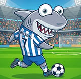 Kasinohai pelaa jalkapalloa stadionilla sinivalkoisessa "Shark FC" -pelipaidassa numero 7.