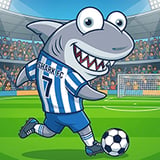 Kasinohai pelaa jalkapalloa stadionilla sinivalkoisessa "Shark FC" -pelipaidassa numero 7.