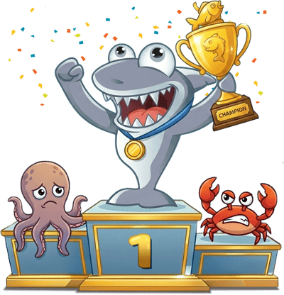 Kasinohain ennustushaasteen voittaja: hai seisoo ykköspallilla pokaalin kanssa, kun mustekala ja rapu sijoittuvat seuraaville palkintopalleille.