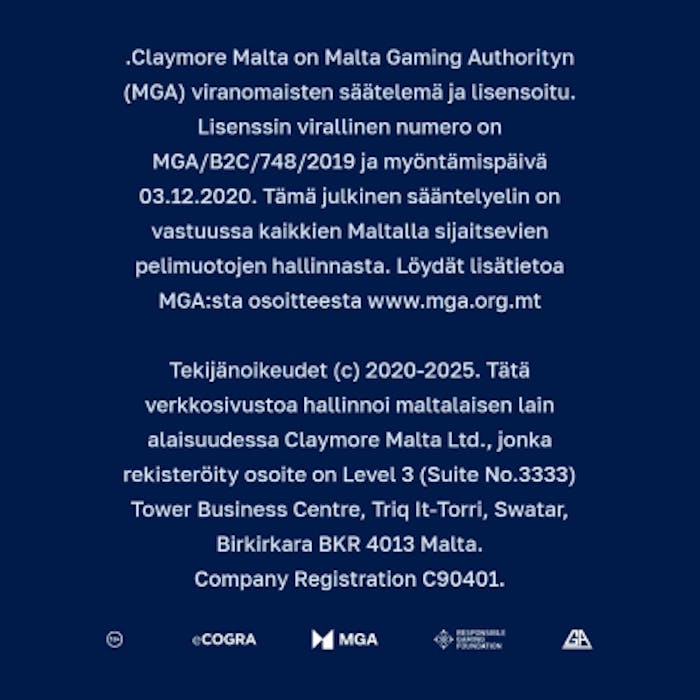 Kuva näyttää kasinon alatunnisteessa olevan tekstin ja logon esimerkiksi MGA-lisenssistä.