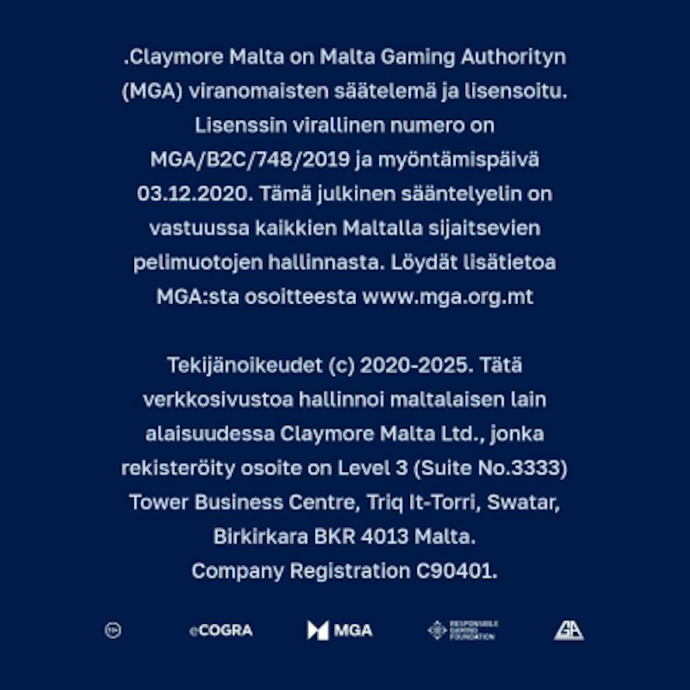 Kuva näyttää kasinon alatunnisteessa olevan tekstin ja logon esimerkiksi MGA-lisenssistä.