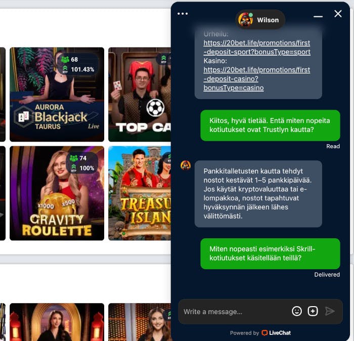 Otin yhteytt? 20Bet Casinon tukeen live-chatin kautta ja sain asiakaspalvelua suomeksi.