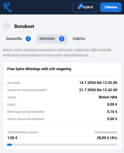 Kuvakaappaus talletusvapaiden ilmaiskierrosten kierrätyksen lopputuloksesta.