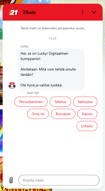 21bets kasinon live-chat, jossa vastaa chatrobotti.