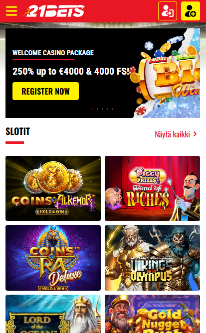 21bets kasinon etusivu ja parhaimpia pelejä esiteltynä.