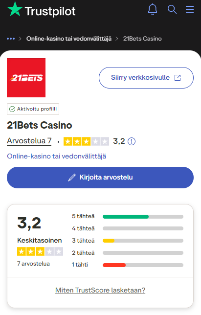 21bets kasinon Trustpilot-arvostelujen yhteenveto.