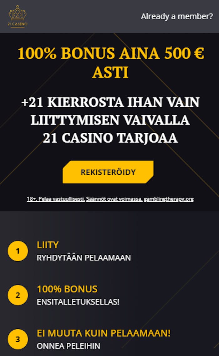 21casinon etusivu ja bonus esittelyssä.