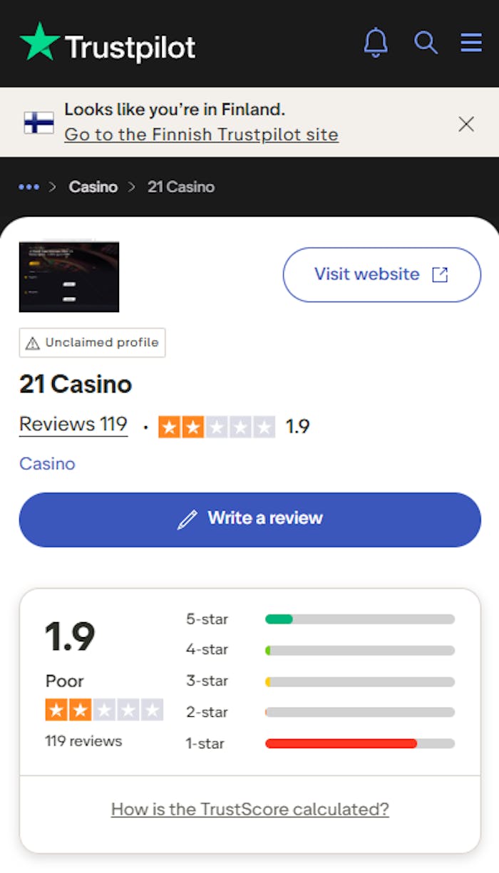 21casinon trustpilot-arvostelujen yhteenveto.