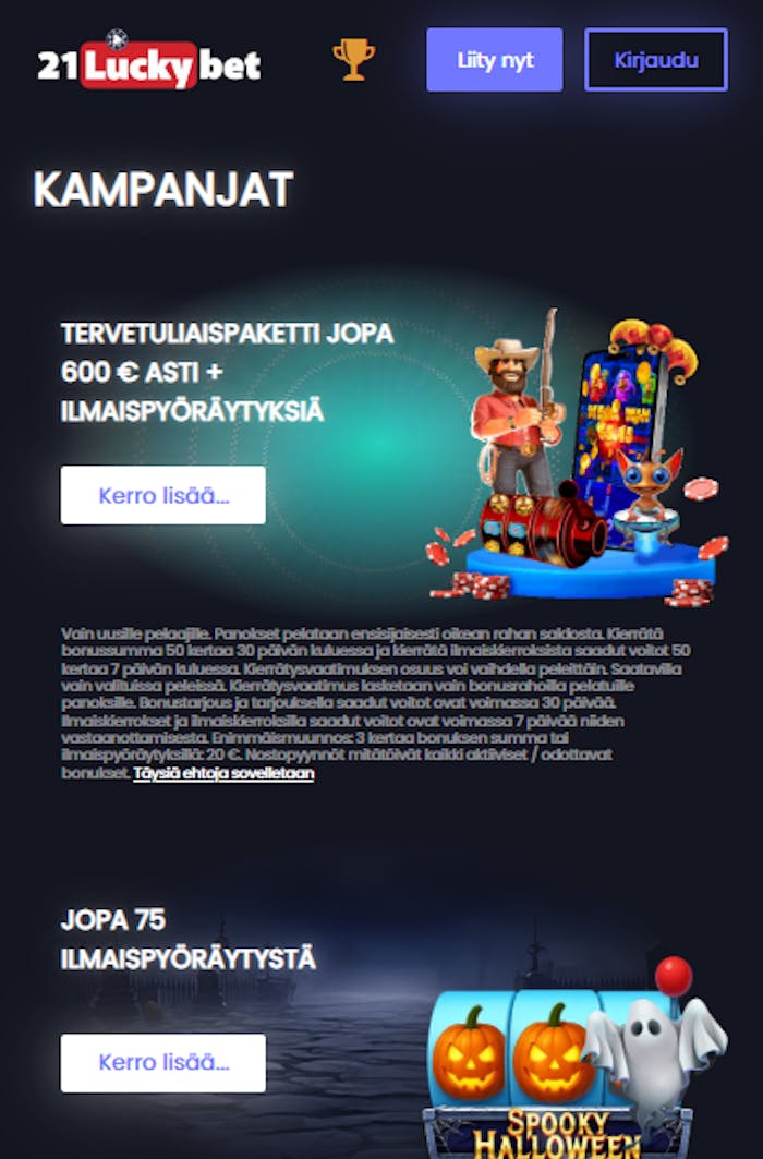 21luckybet kasinon bonukset esiteltynä.