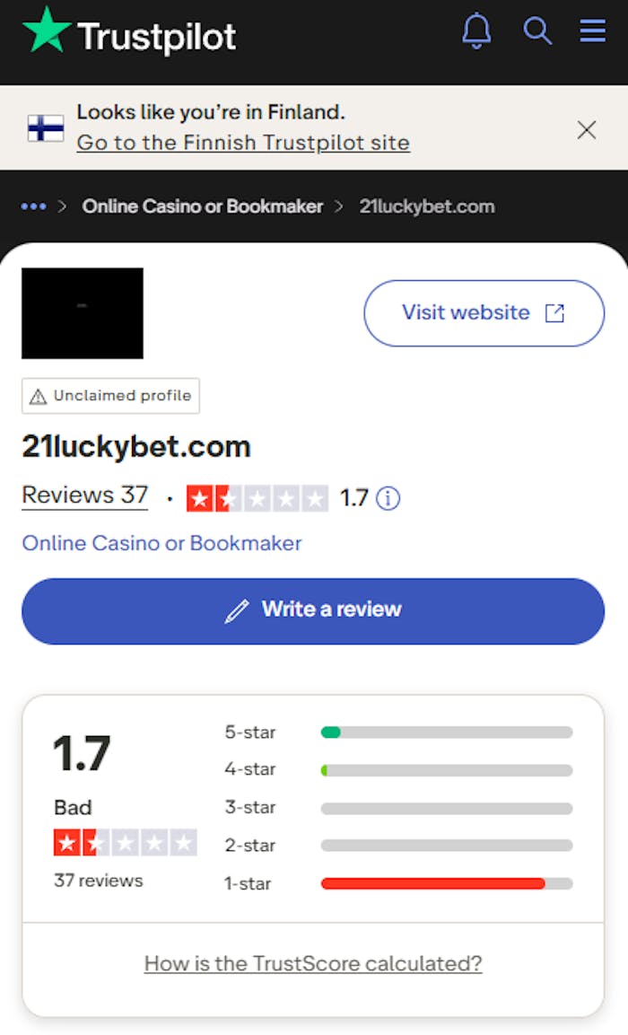 21luckybet kasinon yhteenveto Trustpilot-arvosteluista.