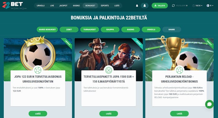 22bBet Casino jakaa useita bonuksia pelaajilleen, kuten bonus urheiluvedonlyöntiin.