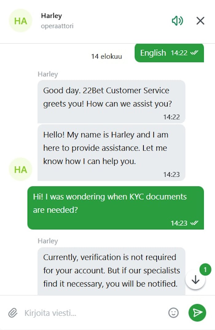 22bBet Casino livechat kysymys kyc-protokollasta