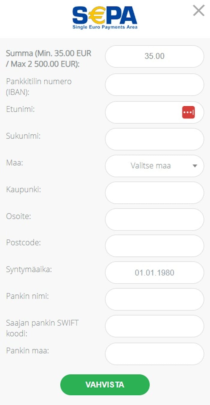 22bBet Casino kotiutus SEPA-pankkisiirrolla.