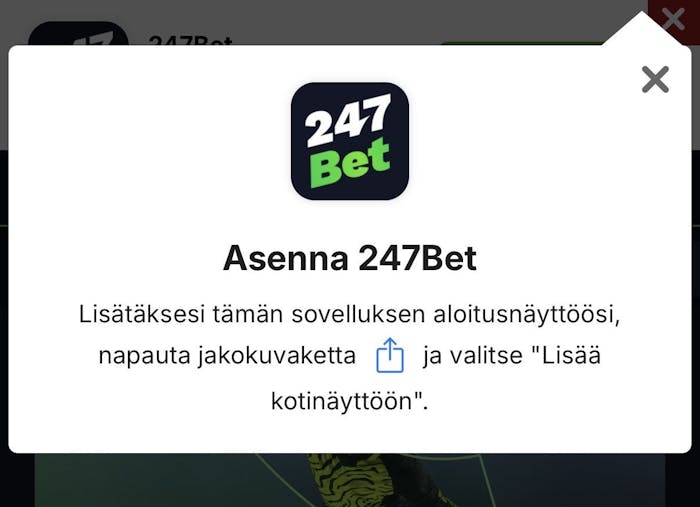 247Betilla ei ole oikeaa sovellusta, mutta voit ladata pikakuvakkeen näytöllesi