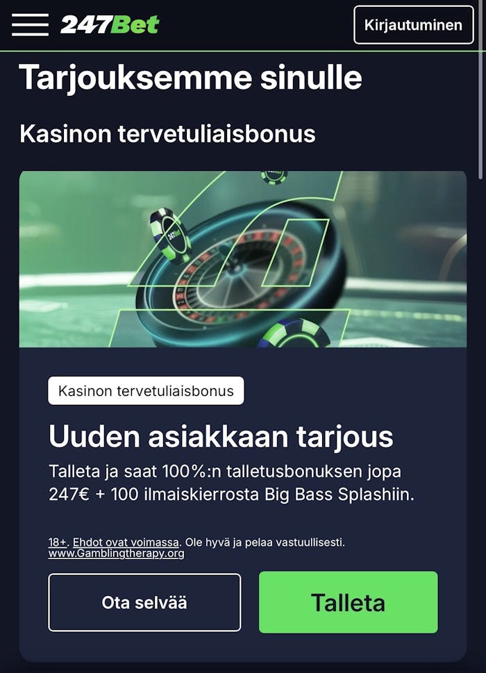 247bet tarjoaa uudelle asiakkaalle 247 euroa ja 100 ilmaiskierrosta