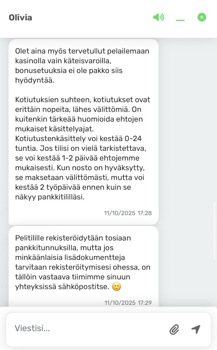 Olivia vastaa kysymyksiini chatissa