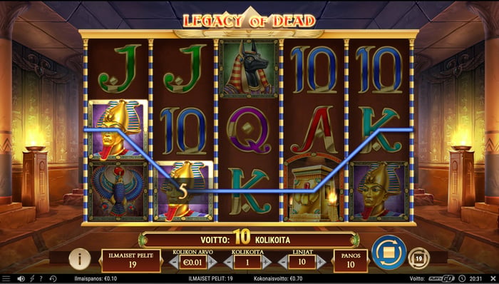 10 kolikon kokoinen voitto Legacy of Dead -pelissä.
