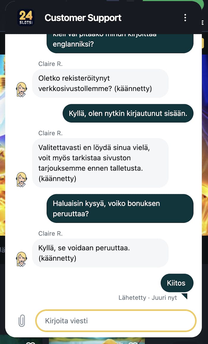 Asiakaspalvelija 24Slots kasinolla vastaa kääntäjän avulla