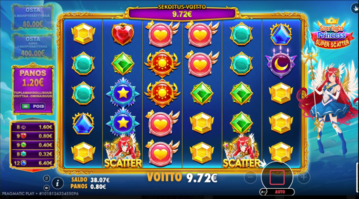 Kuva, jossa näkyy 9,72 € voitto Starlight Princess Super Scatter -pelissä.