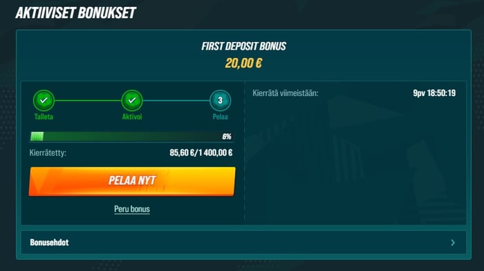 Aktiiviset bonukset -näkymä, jossa näkyy ensitalletusbonuksen kierrätysedistyminen 6 % (85,60 € / 1 400,00 €).