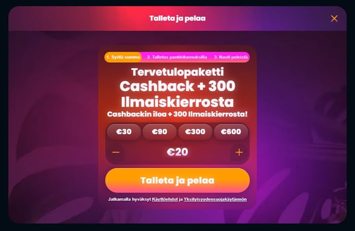 Paratiisi Kasinon talletusnäkymä, jossa esitellään tervetulopaketti: cashbackia ja 300 ilmaiskierrosta.