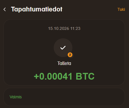 Taboobetin tapahtumatiedot: 0,00041 BTC:n Bitcoin-talletus valmis 15.10.2026 klo 11.23