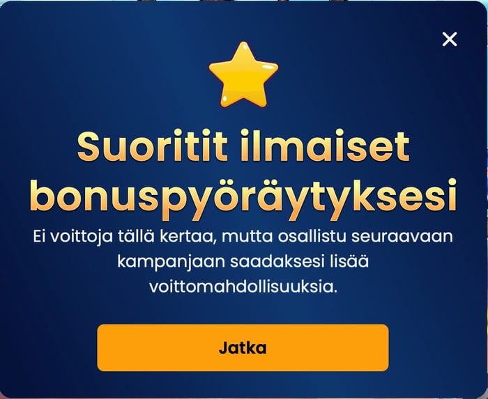 Viesti, jossa kerrotaan, että ilmaiskierrokset eivät tuoneet yhtään osumaa.