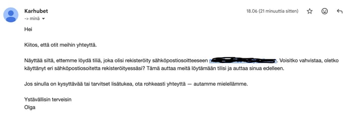 Karhubetin asiakastuen sähköpostivastaus.