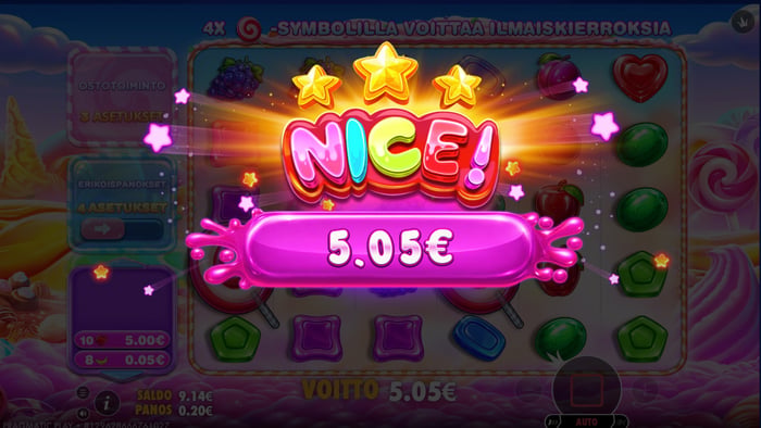 Kuva, jossa näkyy 5,05 € voitto Sweet Bonanza 2500 -pelistä.