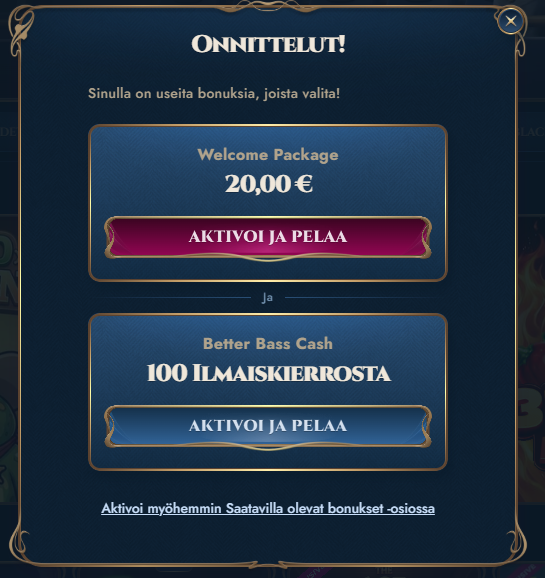 Bonusvaihtoehdot tervetuliaisbonukseksi Rich Royal -kasinolla.