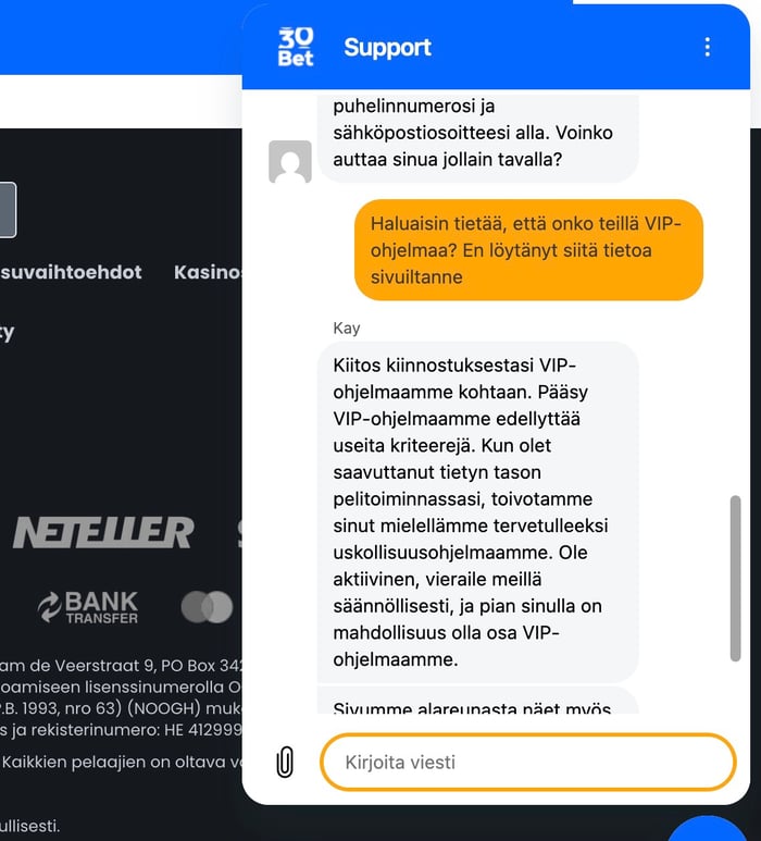 30Bet Casinon live-chat