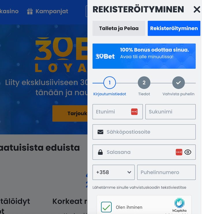 30bet casino registration interface