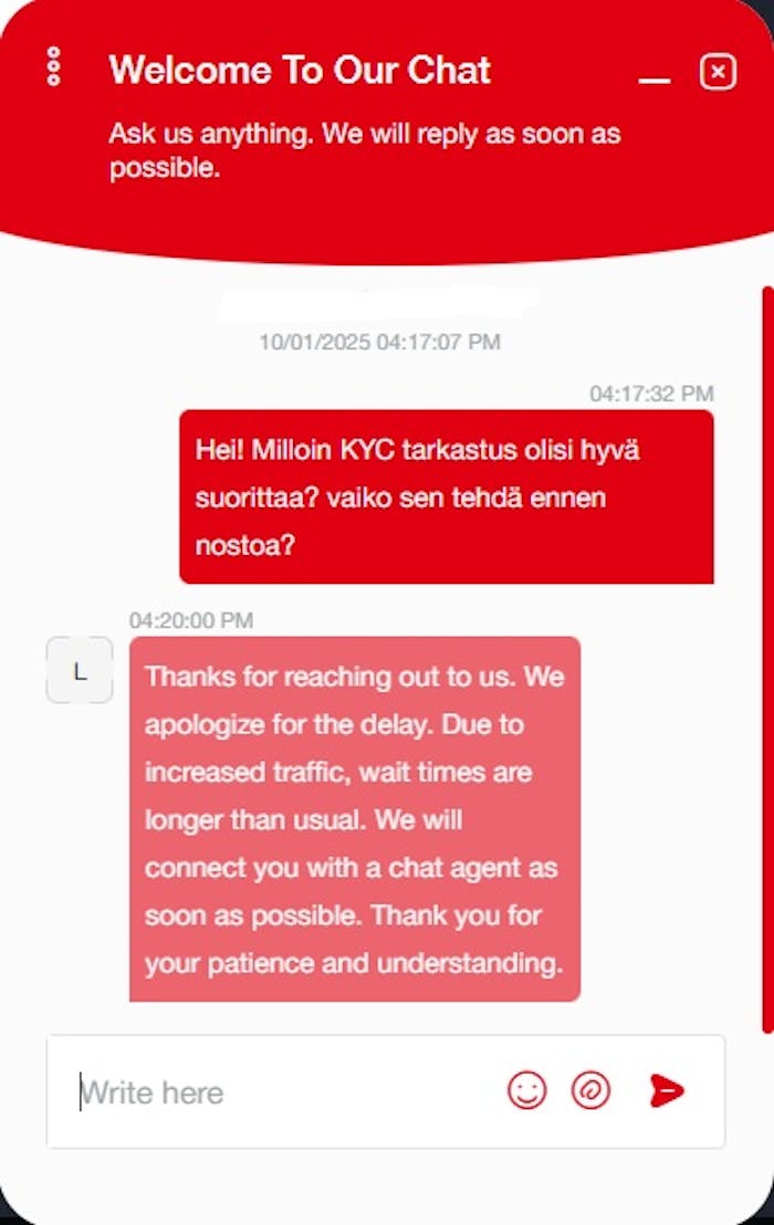 31Bet Casino live chat keskustelu KYC-protokollasta.