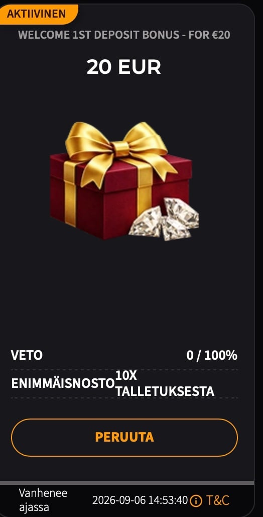 Kuvakaappaus bonusedusta 20 euron talletusta vastaan.