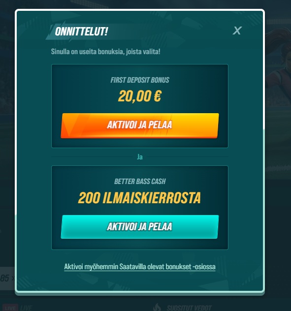 Ilmoitusikkuna Golisimo-kasinolla, jossa näkyvät aktivoidut bonukset: 20 euron ensitalletusbonus ja 200 ilmaiskierrosta.