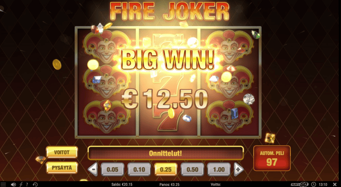 Kuva, jossa näkyy 12,50 € voitto Fire Joker -pelissä.
