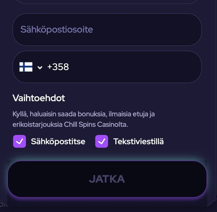 Chill Spinsin lomake puhelinnumerolle ja sähköpostille.