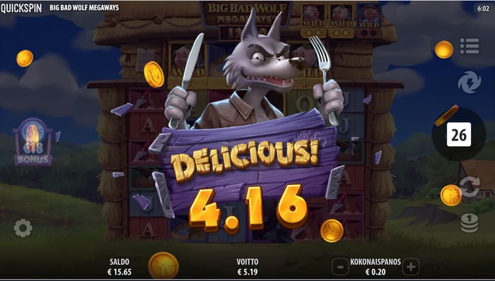 4,16 € voitto Big Bad Wolf Megaways -pelissä.