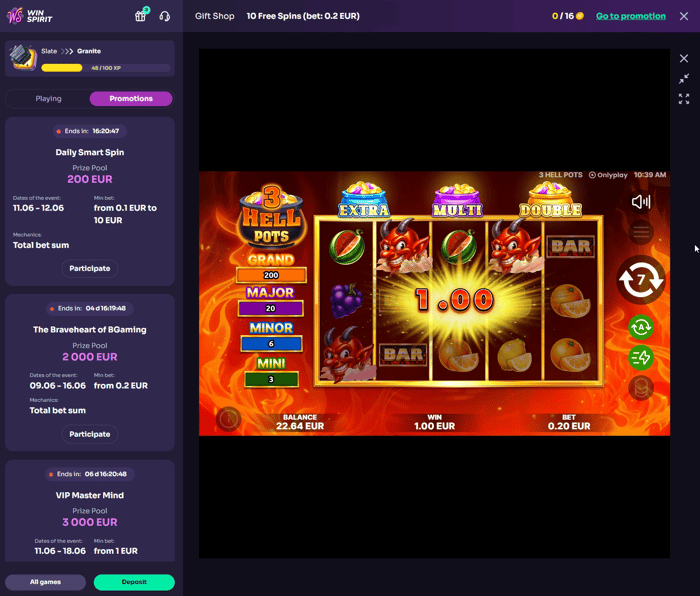 WinSpirit Casino 3 Hell Pots -kolikkopeli, voitto 1,00 €, saldo 22,64 € ja panos 0,20 €.