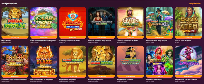 Paratiisi Kasinon jackpot-pelivalikoimaa, jossa näkyy Mega Moolah- ja WOWPOT-kolikkopelejä.
