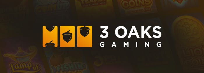 3 Oaks Gaming pelivalmistajan logo keskellä, taustalla näkyy himmeästi pelejä.