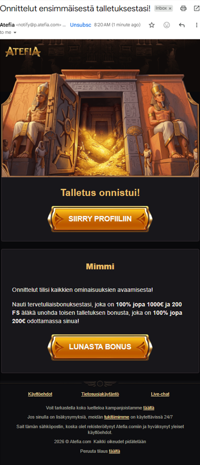 Onnistunut talletus ja mahdollisuus bonuksen lunastukseen Atefia-kasinolla.