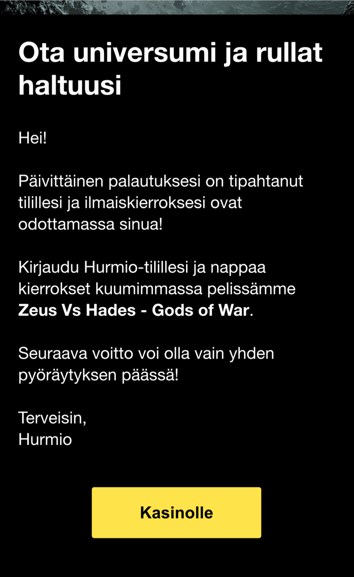 Hurmio-kasinon viesti päivittäisestä palautuksesta ja ilmaiskierroksista Zeus Vs Hades - Gods of War -peliin