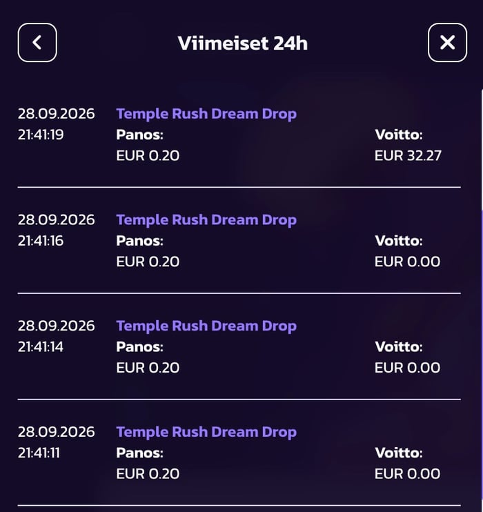 Viimeisen 24 tunnin tilitapahtumat Pelipedolla.
