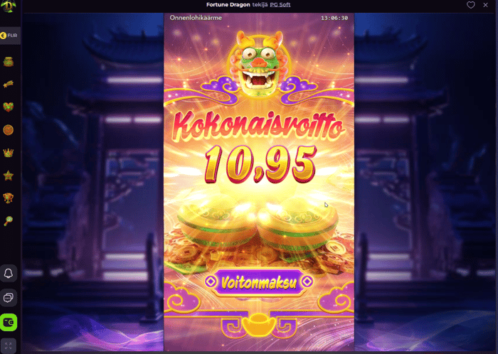 Fortune Dragon -kolikkopelin kokonaisvoitto 10,95 € Drakaris Casinolla.