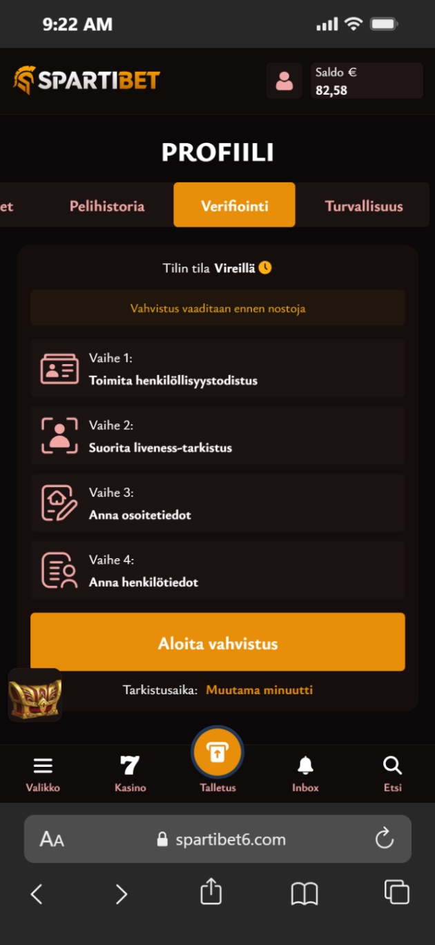Spartibetin vahvistussivu mobiilissa, tilin tila vireillä ja neljä vahvistusvaihetta