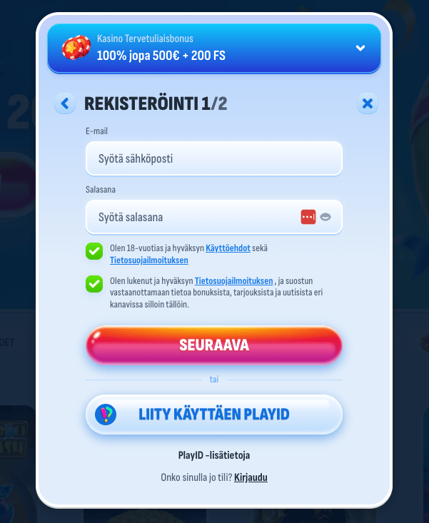 Nomini Casinon rekisteröitymislomake