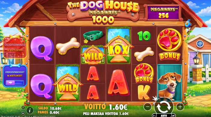 Kuva, jossa näkyy 1,60 € voitto The Dog House Megaways 1000 -pelissä.