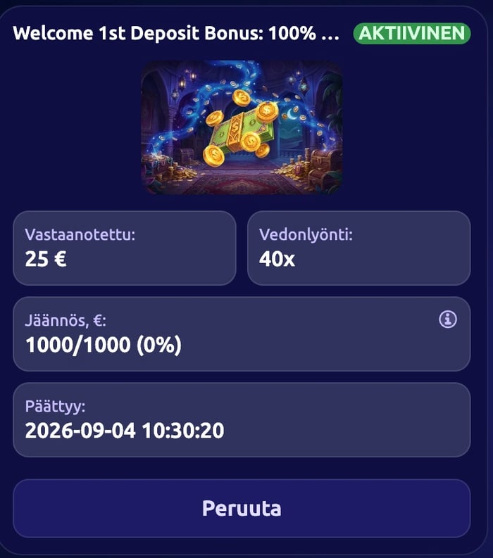 SpinDjinn Casinon kierrätysmittari näyttää tervetulobonuksen kierrätysvaatimuksen euroissa.