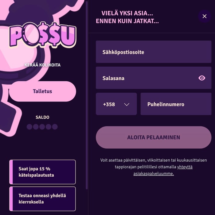 Yhteystietojen anto Possu-kasinolle pelitiliä avatessa.